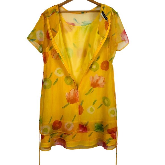 Vtg Byer Studio Women's Sheer Dress Size 14 Floral Print Yellow 3-Tiered Hem - Picture 8 of 12
